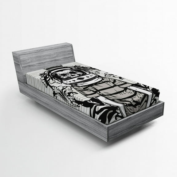 Ambesonne Skull Fitted Sheet, Skull Astronaut Man, Twin XL Size, Black and White