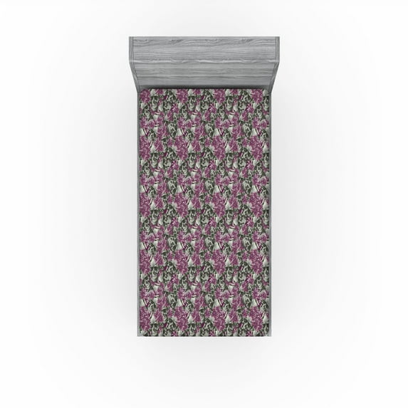 Ambesonne Skull Fitted Sheet, Smiling Skeletons Flowers Art, Twin XL Size, Purple Dark Sepia and Grey