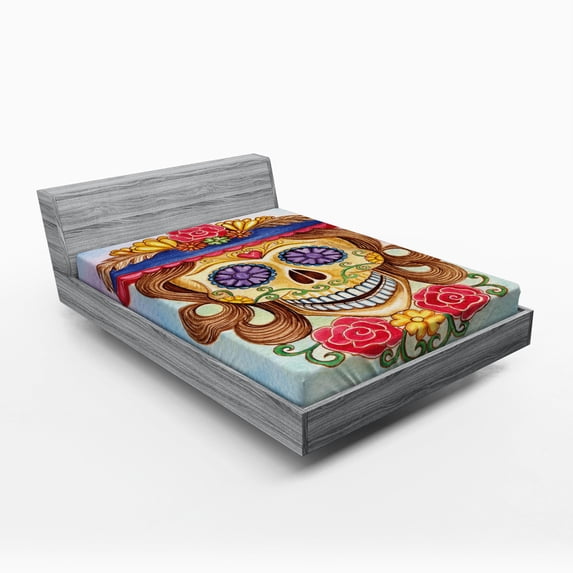 Ambesonne Skull Fitted Sheet, Spanish Mexican, Queen Size, Multicolor