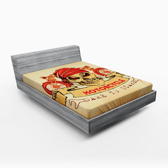 Ambesonne Skull Fitted Sheet, Spooky Racer Motorcycle, Queen Size, Orange Sand Brown