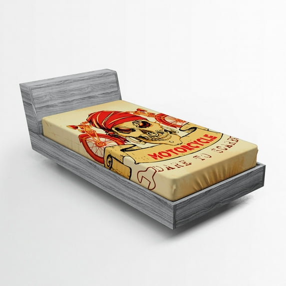 Ambesonne Skull Fitted Sheet, Spooky Racer Motorcycle, Twin Size, Orange Sand Brown