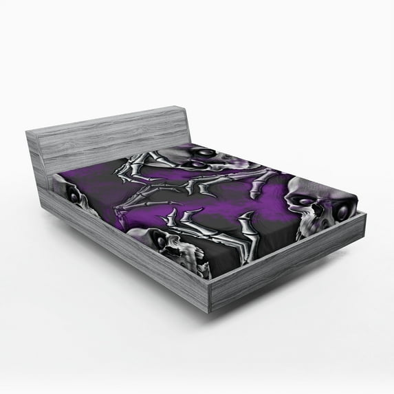 Ambesonne Skull Fitted Sheet, Spooky Smiling Skeleton, California King, Purple Grey and Black