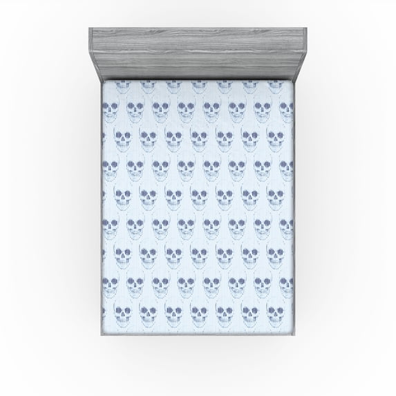 Ambesonne Skull Fitted Sheet, Stripes with Heads Gothic Art, Queen Size, Soft Blue Indigo and White