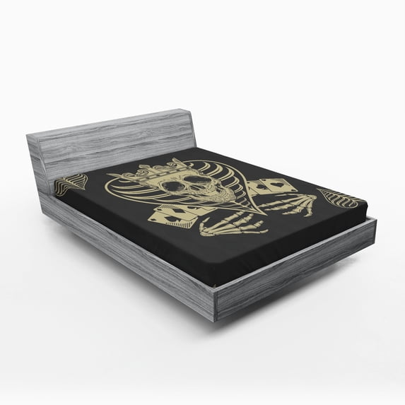 Ambesonne Skull Fitted Sheet, Vector Skull Poker Cards, Queen Size, Dark Grey Tan Beige