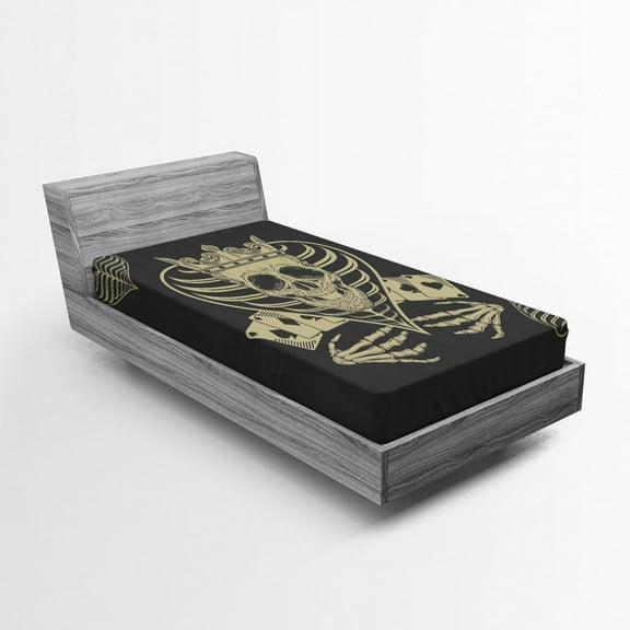 Ambesonne Skull Fitted Sheet, Vector Skull Poker Cards, Twin Size, Dark Grey Tan Beige