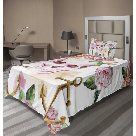 Ambesonne Skull Fitted & Top Sheet Set with Sham, Anchor Roses Peony Art, White Green Pink