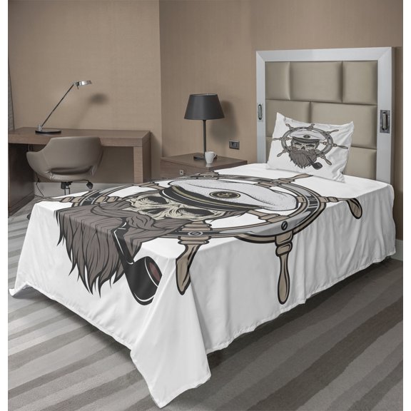 Ambesonne Skull Fitted & Top Sheet Set with Sham, Captain Pirate Skeleton, White Brown Grey