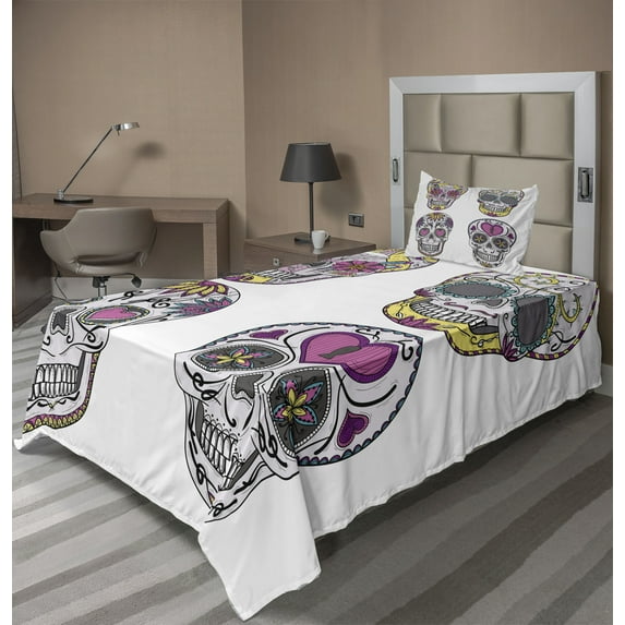 Ambesonne Skull Fitted & Top Sheet Set with Sham, Sugar Skull Colorful Mexican, Multicolor
