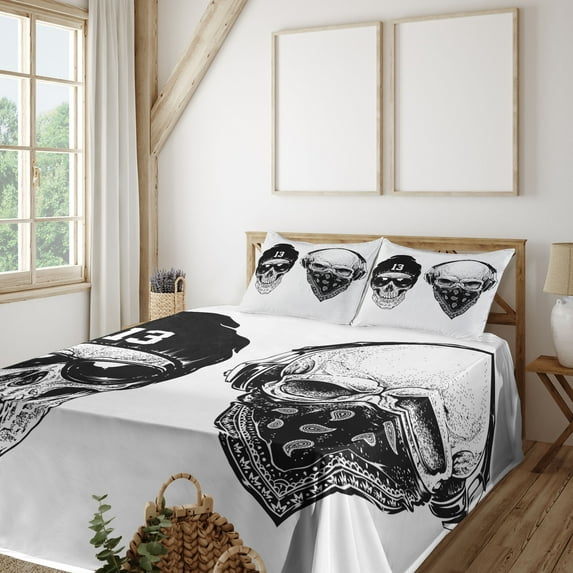 Ambesonne Skull Fitted & Top Sheet Set with Shams, Funny Skulls Monochrome Art, White Black