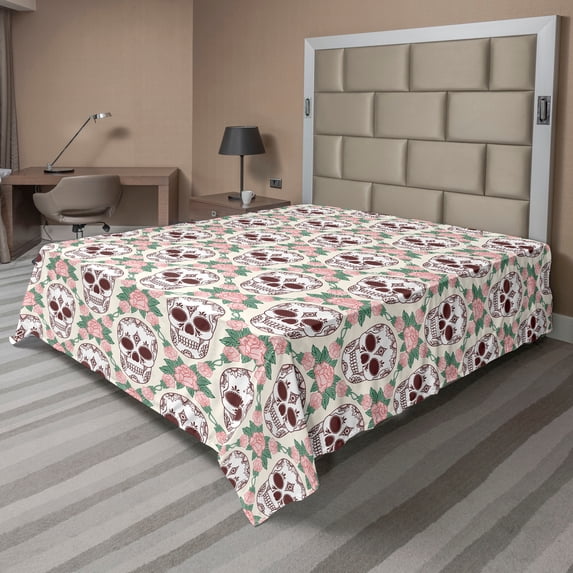 Ambesonne Skull Flat Bedding Sheet Soft Top Sheet, Talavera Flowers Damask Plot, Queen, Soft Pink Jade Green