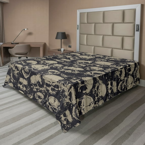 Ambesonne Skull Flat Sheet, Grungy Bonehead Pattern Print, King Size, Charcoal Grey and Tan