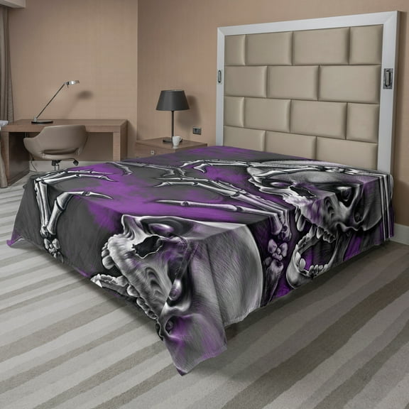 Ambesonne Skull Flat Sheet, Spooky Smiling Skeleton, Queen Size, Purple Grey and Black
