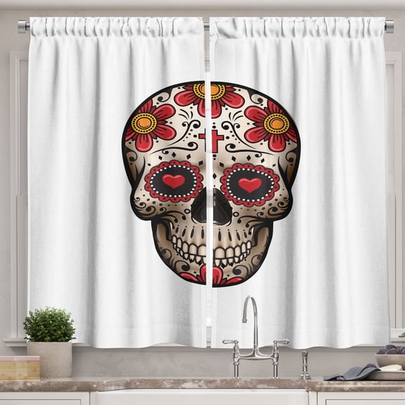 Ambesonne Skull Flower Kitchen Curtains, Hearts Swirls Floral, 55"x24", Ruby Marigold Eggshell