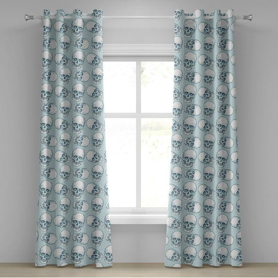 Ambesonne Skull Grommet Curtain, Sketchy Skeleton Heads Print, 50"x84", White and Sky Blue
