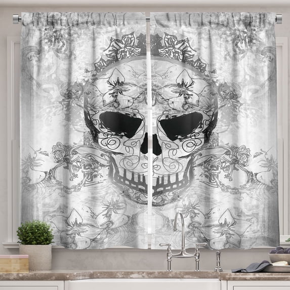 Ambesonne Skull Kitchen Curtains, Oriental Paisley, 55"x39", Pale Grey and White