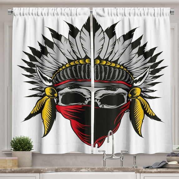 Ambesonne Skull Kitchen Curtains, Skull with Feathers Veil, 55"x39", Red Grey Yellow