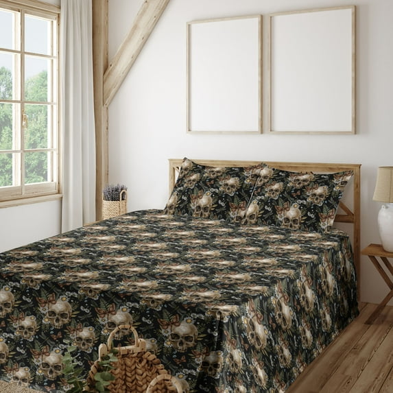Ambesonne Skull Pattern Fitted & Flat Sheet with Shams 4 Pcs Set, Gothic Motif Daisy, Queen, Reseda Green Off White