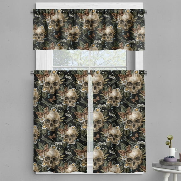 Ambesonne Skull Pattern Valance & Curtain, Gothic Motif Daisy, 55"x45", Reseda Green Off White