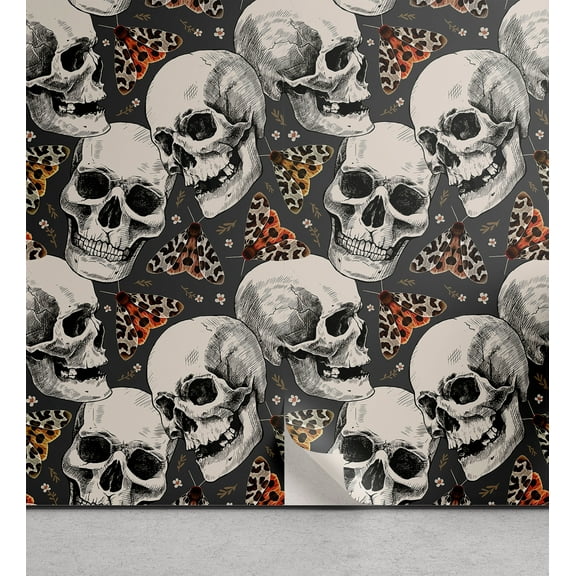 Ambesonne Skull Peel & Stick Wallpaper for Home, Allegory to Death with Moths, 13"x36", Off White Ginger Grey