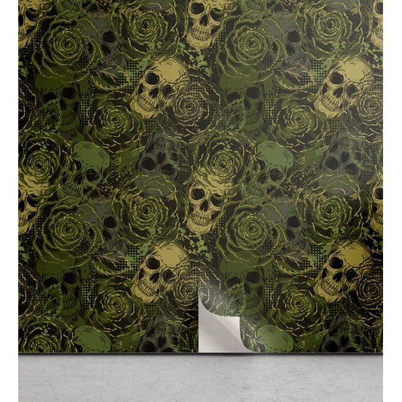 Ambesonne Skull Peel & Stick Wallpaper for Home, Dia de Los Muertos Boneheads, 13"x100", Green Khaki
