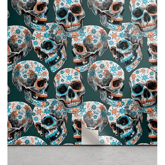 Ambesonne Skull Peel & Stick Wallpaper for Home, Floral Ornate Head Bone Print, 13"x36", Dark Teal Salmon and Sea Blue