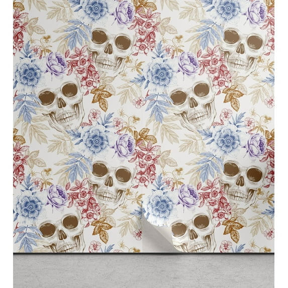 Ambesonne Skull Peel & Stick Wallpaper for Home, Gothic Faces Vintage Botany, 13"x100", Caramel and Multicolor