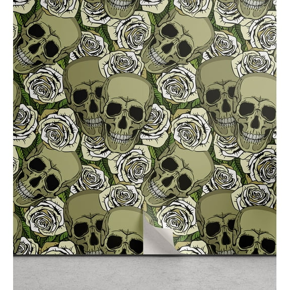 Ambesonne Skull Peel & Stick Wallpaper for Home, Greenish Head Bones and Roses, 13"x36", Coconut and Pale Sage Green