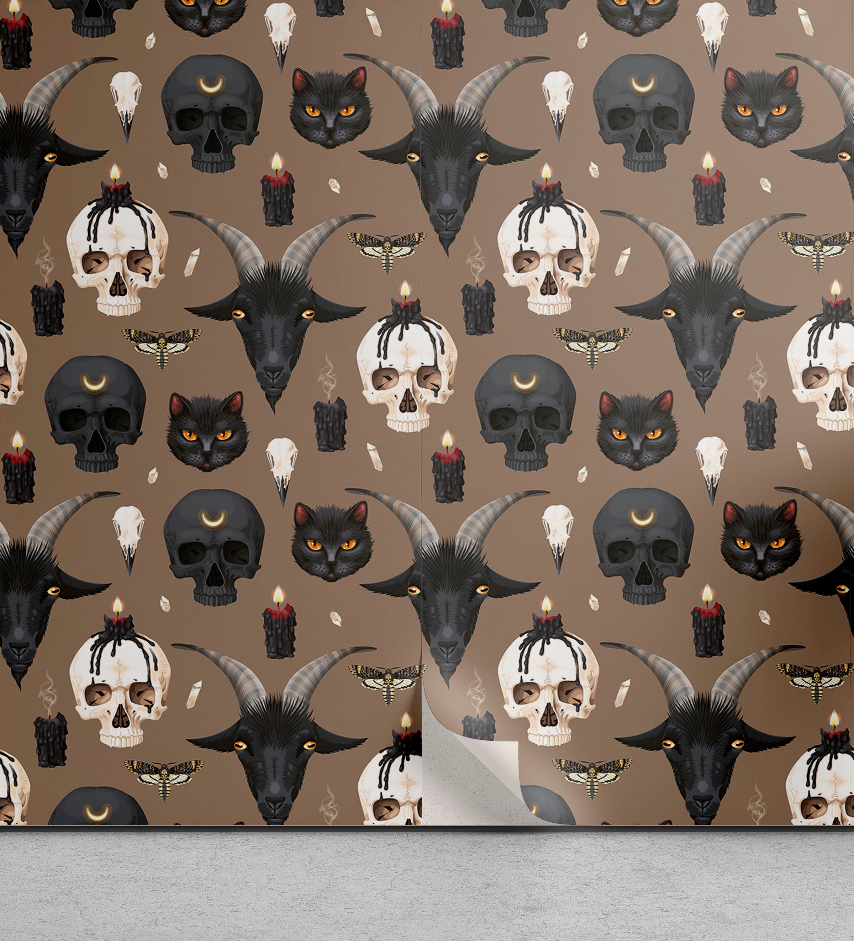 Ambesonne Skull Peel & Stick Wallpaper for Home, Mystical Art Pattern Gothic, 13x36, Cocoa Beige Dark Grey