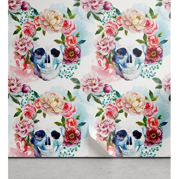 Ambesonne Skull Peel & Stick Wallpaper for Home, Story of a Broken Heart Queen, 13"x36", Coral Soft Blue Green