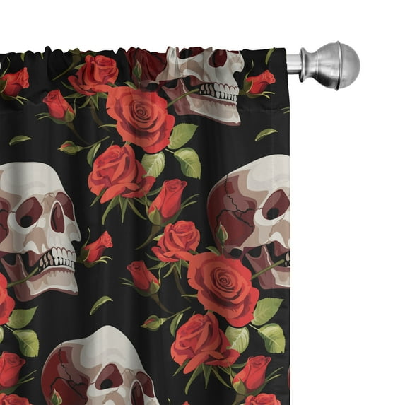 Ambesonne Skull Print Curtains, Roses Scary Gothic Art, Pair of 28"x63", Dark Pink Olive Green