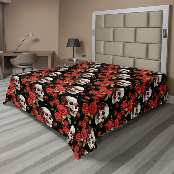 Ambesonne Skull Print Flat Bedding Sheet Soft Top Sheet, Roses Scary Gothic Art, Full, Dark Pink Olive Green