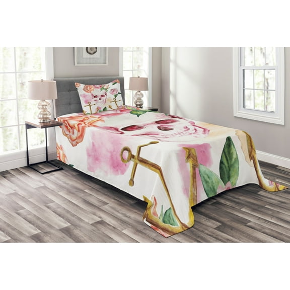 Ambesonne Skull Quilted Bedspread Set 2 Pcs, Anchor Roses Peony Art, Twin Size, White Green Pink