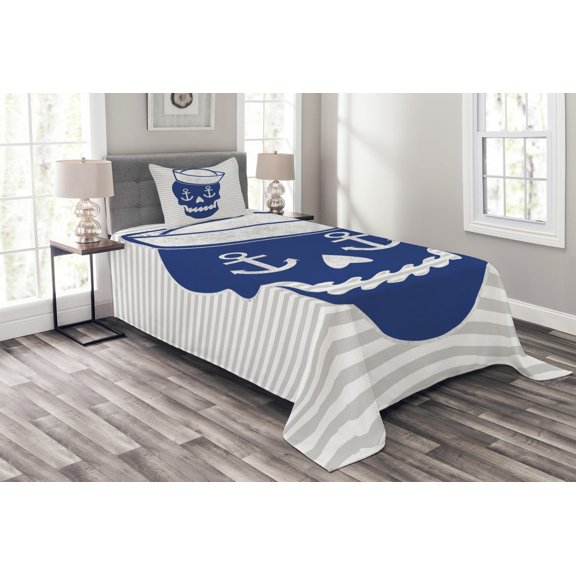 Ambesonne Skull Quilted Bedspread Set 2 Pcs, Anchor and Captains Hat, Twin Size, Persian Blue Grey