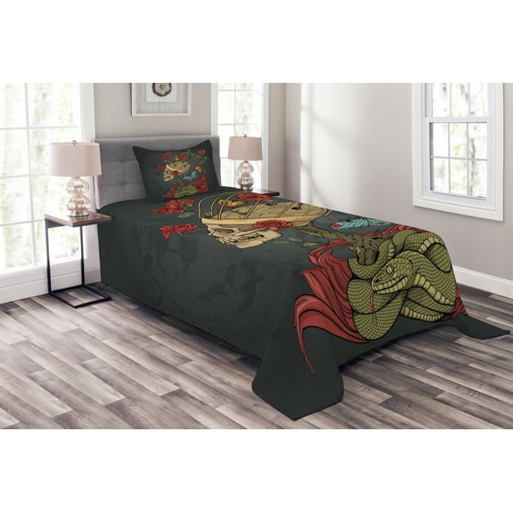 Ambesonne Skull Quilted Bedspread Set 2 Pcs, Evil Mexican Sugar, Twin Size, Ruby Dark Grey