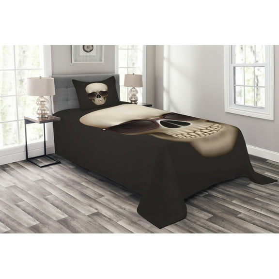 Ambesonne Skull Quilted Bedspread Set 2 Pcs, Funny Glass Skeleton Head, Twin Size, Grey and Beige