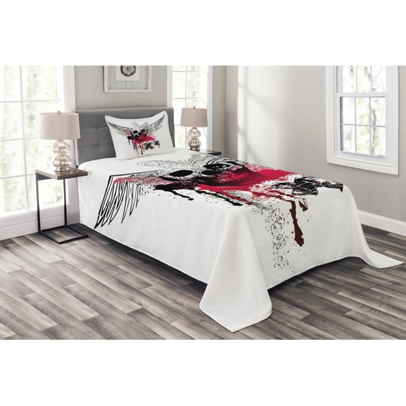 Ambesonne Skull Quilted Bedspread Set 2 Pcs, Grunge Wings and Skull, Twin Size, Black Pink White