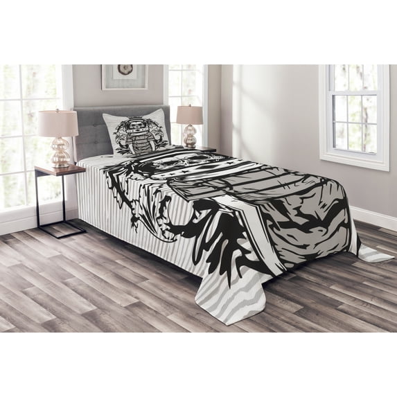 Ambesonne Skull Quilted Bedspread Set 2 Pcs, Skull Astronaut Man, Twin Size, Black and White