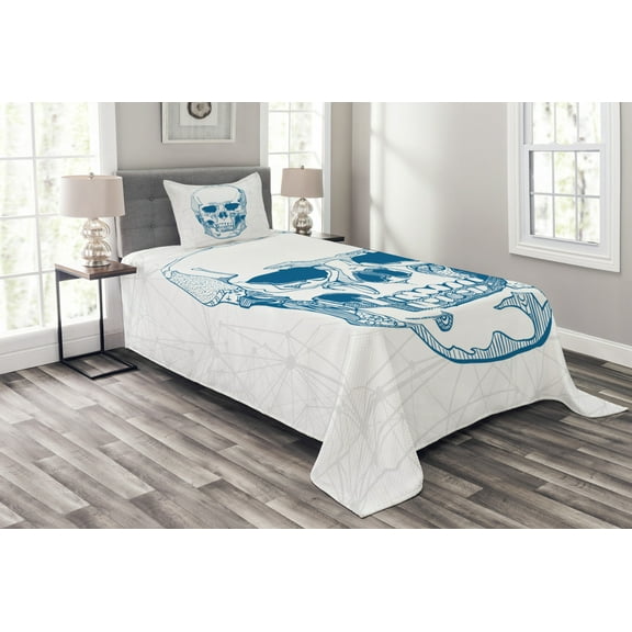 Ambesonne Skull Quilted Bedspread Set 2 Pcs, Skull Science Elements, Twin Size, Blue White