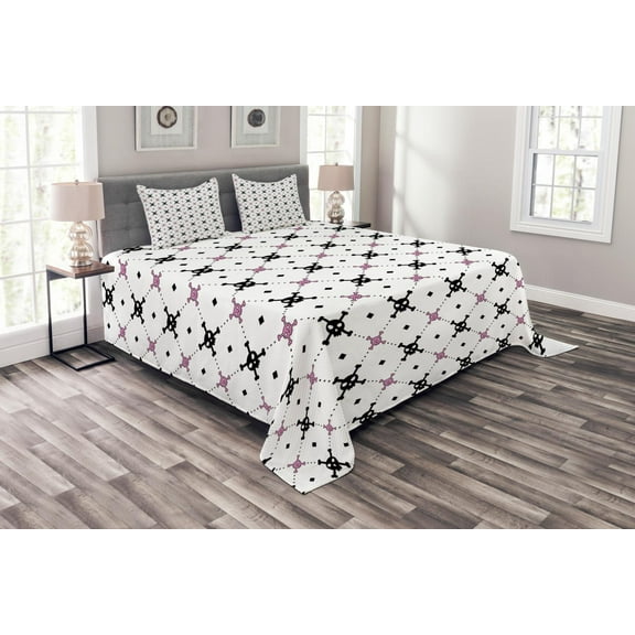 Ambesonne Skull Quilted Bedspread Set 3 Pcs, Black Girly Crossbones, King Size, Pale Pink White Black