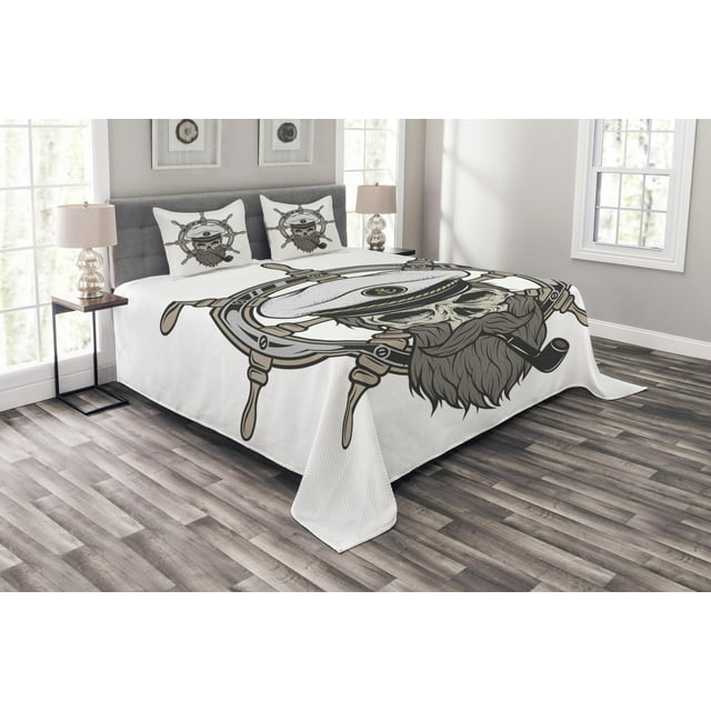 Ambesonne Skull Quilted Bedspread Set 3 Pcs, Captain Pirate Skeleton, Queen Size, White Brown Grey