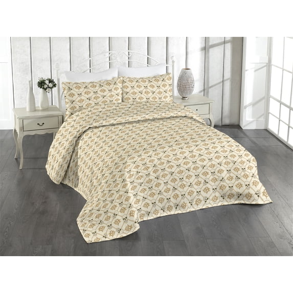 Ambesonne Skull Quilted Bedspread Set 3 Pcs, Damask Leaves Floral Design, Twin, Champagne Camel and Beige