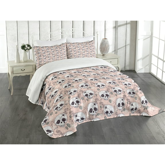 Ambesonne Skull Quilted Bedspread Set 3 Pcs, Day of the Dead Theme, Queen Size, White Blush Black
