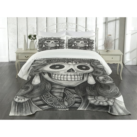 Ambesonne Skull Quilted Bedspread Set 3 Pcs, Dead Queen Folk Flowers, King Size, Black and White