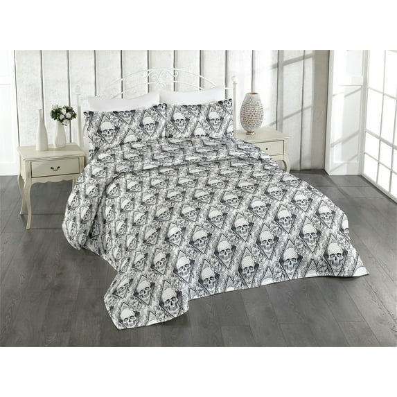 Ambesonne Skull Quilted Bedspread Set 3 Pcs, Gothic Skeleton Heads Flowers, Twin, White Charcoal Grey