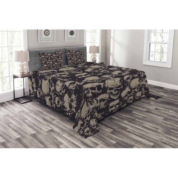 Ambesonne Skull Quilted Bedspread Set 3 Pcs, Grunge Scary Evil, King Size, Charcoal Grey Tan