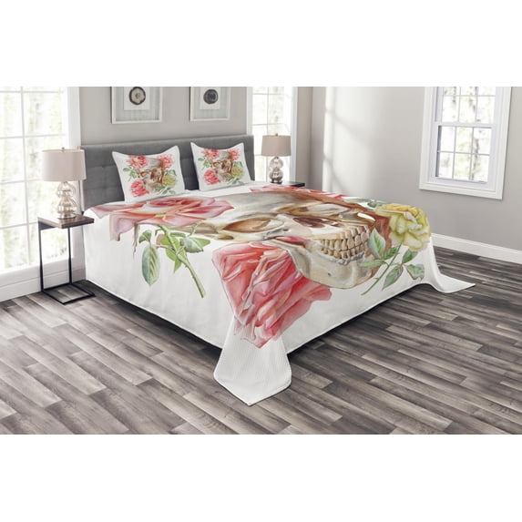 Ambesonne Skull Quilted Bedspread Set 3 Pcs, Romantic Roses Floral, King Size, Pink Beige Yellow