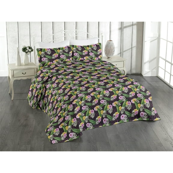 Ambesonne Skull Quilted Bedspread Set 3 Pcs, Skeleton Head Hibiscus Leaves, King, Purple and Multicolor