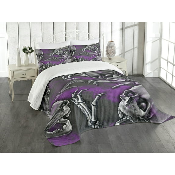 Ambesonne Skull Quilted Bedspread Set 3 Pcs, Spooky Smiling Skeleton, Queen Size, Purple Grey and Black