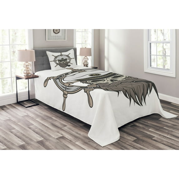 Ambesonne Skull Quilted Coverlet 2 Pcs, Captain Pirate Skeleton, Twin Size, White Brown Grey