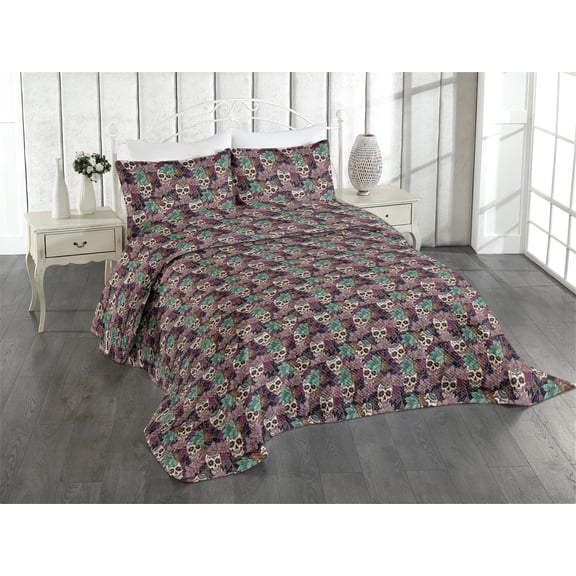 Ambesonne Skull Quilted Coverlet 2 Pcs, Oldschool Skull Pattern Leafy, Twin Size, Purple Almond Green